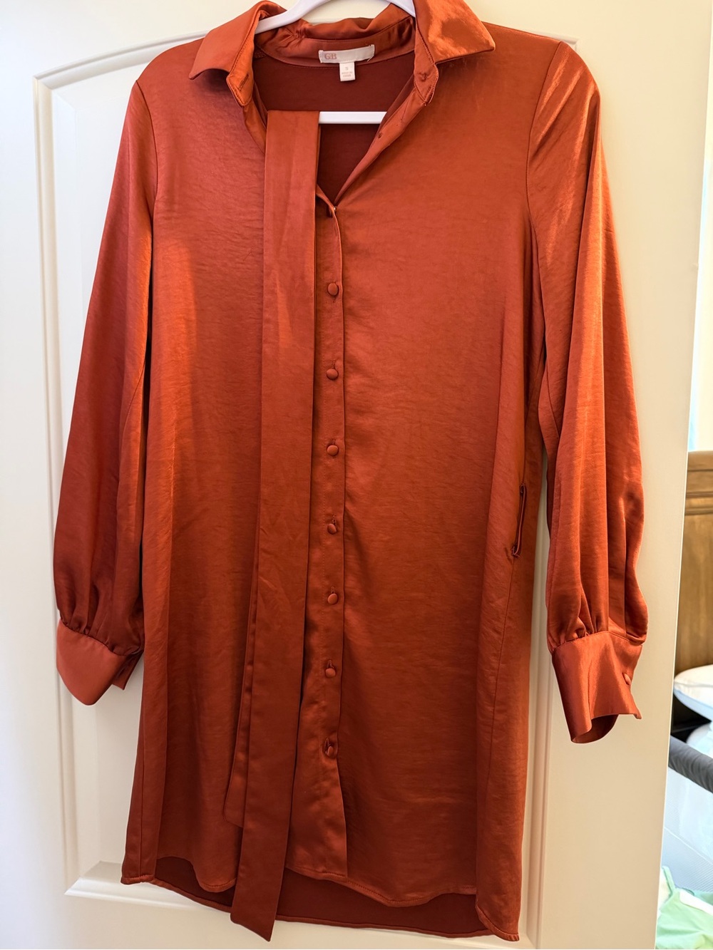 Gianni Bini Rust Orange Satin Button-Front Shirt Dress - Picture 1 of 1